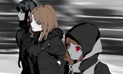  3girls black_coat black_hair black_shirt blunt_bangs blurry blurry_background brown_hair coat commentary_request dress_shirt earrings fur-trimmed_coat fur_trim hair_down hands_in_pockets hojo_karen hood hood_up hooded_jacket idolmaster idolmaster_cinderella_girls jacket jewelry kamiya_nao looking_to_the_side menea multiple_girls red_eyes shibuya_rin shirt triad_primus_(idolmaster) wavy_hair 