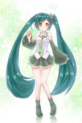  absurdres bad_id bad_pixiv_id bare_shoulders blue_hair commentary cosplay detached_sleeves ekaki-ya_okamoto female green_footwear green_necktie green_skirt green_sleeves hair_ornament hand_up hatsune_miku hatsune_miku_(cosplay) highres light_blush long_hair looking_at_viewer miniskirt necktie pleated_skirt shirt shoulder_tattoo skirt sleeveless sleeveless_shirt smile solo sweat tattoo tie_clip touhoku_zunko twintails very_long_hair vocaloid voiceroid white_shirt yellow_eyes 