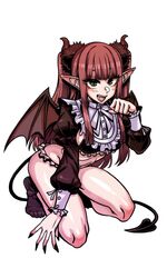  :d absurdres ankle_socks black_nails black_socks blush bobby_socks breasts brown_hair demon_girl demon_horns demon_tail demon_wings eyelashes fangs female fingernails frills full_body ga320aaa green_eyes highres horns kneeling long_hair looking_at_viewer open_mouth rizu-kyun sharp_fingernails sideboob simple_background smile socks solo sono_bisque_doll_wa_koi_wo_suru tail teeth twintails white_background wings 