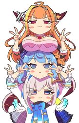  3girls :&gt; :3 ahoge amane_kanata amane_kanata_(1st_costume) angel angel_wings arms_up bad_id bad_twitter_id black_bow black_hairband black_jacket blonde_hair blue_bow blue_bowtie blue_eyes blue_hair blue_ribbon blunt_bangs blush bow bowtie braid breast_rest breasts breasts_on_head brooch cleavage cleavage_cutout closed_mouth clothing_cutout collared_shirt colored_inner_hair commentary_request double_v doukyo&#039;s dragon_girl dragon_horns dragon_tail dress feathered_wings gem gradient_eyes grey_hair grey_jacket hair_ornament hairband halo head_rest highres hololive horn_bow horn_ornament horns hoshimachi_suisei hoshimachi_suisei_(1st_costume) human_tower jacket jewelry kiryu_coco kiryu_coco_(1st_costume) large_breasts long_hair long_sleeves looking_at_viewer multicolored_bow multicolored_eyes multicolored_hair multiple_girls neck_ribbon orange_hair plaid plaid_jacket pointy_ears purple_eyes red_eyes ribbon sakuramochi_(sakura_frappe) scales shirt short_hair side_ponytail simple_background single_braid sleeves_rolled_up smile smirk smug stacking star_(symbol) star_in_eye streaked_hair striped sweatdrop symbol_in_eye tail triangle_mouth turtleneck upper_body v virtual_youtuber white_background white_bow white_shirt wings 