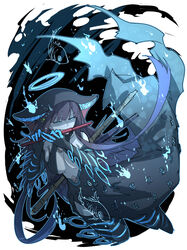  bare_shoulders black_dress black_gloves black_headwear black_legwear blue_eyes blunt_bangs breasts center_opening dress elbow_gloves fate/grand_order fate_(series) female fish flute gloves hair_ornament halo highres instrument kankan33333 large_breasts leaf_hair_ornament long_hair looking_to_the_side music playing_instrument purple_hair thighhighs thighs very_long_hair yang_guifei_(fate) yang_guifei_(third_ascension)_(fate) 