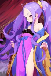  bare_shoulders breasts chinese_clothes closed_mouth dress fate/grand_order fate_(series) female forehead hair_ornament hair_scrunchie hanfu highres long_hair long_sleeves looking_at_viewer mightyjump98 off_shoulder parted_bangs pelvic_curtain purple_dress purple_eyes purple_hair qixiong_ruqun scrunchie shawl sidelocks small_breasts smile solo sparkle thighs twintails very_long_hair wide_sleeves wu_zetian_(fate) yellow_scrunchie 