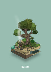  absurdres aqua_background bird bone boulder campfire commentary cooking diorama fish gozz highres isometric original sitting skull sos stairs steam tree treehouse 