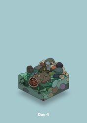  blue_background boulder commentary crab diorama fish flotsam gozz highres holding holding_shell isometric original plant rock shell standing wood 