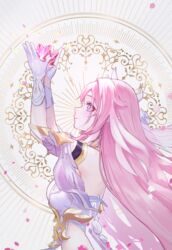  arin_(1010_ssu) arms_up backless_dress backless_outfit breasts closed_mouth commentary_request crystal diamond-shaped_pupils diamond_(shape) dress dress_flower elysia_(herrscher_of_human:_ego)_(honkai_impact) elysia_(honkai_impact) female flower from_side gloves grey_background highres holding holding_crystal honkai_(series) honkai_impact_3rd long_hair looking_away pink_hair pointy_ears profile purple_eyes rose smile solo standing symbol-shaped_pupils very_long_hair white_dress white_flower white_gloves white_rose 