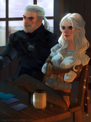  1boy armor beard belt breasts brown_gloves card chair ciri cleavage_cutout closed_mouth clothing_cutout commentary crossed_arms crossed_legs cup english_commentary facial_hair female geralt_of_rivia gloves green_eyes indoors lips long_hair long_sleeves looking_away mariana_souza medallion mug parted_lips ponytail scar scar_across_eye scar_on_face scar_on_forehead shirt shoulder_armor sitting smile table the_witcher_(series) the_witcher_3 upper_body wavy_hair white_hair white_shirt window witcher_medallion yellow_eyes 