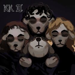  1:1 2020 album_cover animal_crossing anthro black_clothing black_hair black_nose black_topwear blonde_hair brian_may brown_hair canid canine canis closed_eyes clothed clothing cover crossed_arms digital_media_(artwork) digital_painting_(artwork) domestic_dog freddie_mercury group hair hi_res john_deacon k.k._slider k.k._slider_album_redraw ko_yuue long_hair male mammal meme nintendo parody queen_(band) queen_ii roger_taylor topwear 