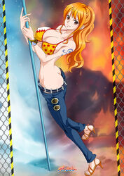  arched_back artist_logo artist_name bare_shoulders belt bikini breasts butt_crack cleavage closed_mouth collarbone commentary_request covered_nipples denim eyelashes feet female full_body highres jeans large_breasts leaning_back legs looking_at_viewer md5_mismatch nami_(one_piece) official_alternate_costume one_piece orange_bikini orange_eyes orange_footwear orange_hair pants ponytail print_bikini rider_(orange_couture) sandals shadow sideboob sidelocks smile solo staff standing strappy_heels swimsuit tattoo toes underboob 