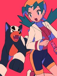  :d bike_shorts clenched_hand commentary_request cropped_jacket eyelashes female flipped_hair green_eyes green_hair hat highres houndour jacket kris_(pokemon) leg_up long_hair long_sleeves looking_to_the_side open_mouth pink_background pokemon pokemon_(creature) pokemon_gsc red_shirt shirt shoes smile twintails tyako_089 white_jacket 