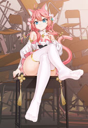  absurdres animal_ears blue_eyes breasts cat_ears cat_tail chair chinese_commentary classroom closed_mouth commentary_request convenient_leg crossed_legs desk detached_collar detached_sleeves dress eyelashes feet female frilled_dress frills hair_ornament hand_up highres indie_virtual_youtuber indoors leaning_back legs long_hair looking_at_viewer nail_polish no_shoes on_desk pink_dress pink_hair pink_nails sakurada_hane school_chair school_desk shadow shiny_skin short_dress sidelocks sitting small_breasts soles solo tail thighhighs thighs toes variant_set virtual_youtuber white_thighhighs xo_(xo17800108) 