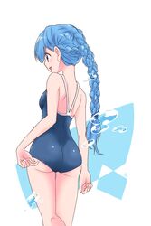  :d adjusting_clothes adjusting_swimsuit alternate_hairstyle arm_at_side artist_name ass back bad_id bad_pixiv_id blue_hair blue_one-piece_swimsuit blush braid braided_ponytail breasts brown_eyes bubble clenched_hand commentary competition_school_swimsuit cowboy_shot ekaki-ya_okamoto female fingernails from_behind hair_between_eyes hair_tie happy highres kneepits kotonoha_aoi legs_together light_blush long_fingernails long_hair looking_afar one-piece_swimsuit open_mouth profile school_swimsuit sideways_mouth signature simple_background slim_legs small_breasts smile solo swimsuit thigh_gap two-tone_background voiceroid white_background wide_hips yellow_eyes 