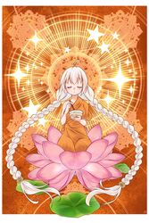  ahoge bad_id bad_pixiv_id bowl braid buddhism chopsticks closed_eyes closed_mouth commentary ekaki-ya_okamoto facing_viewer female flower full_body highres holding holding_bowl holding_chopsticks kizuna_akari kneeling lily_pad long_hair lotus lotus_pedestal mandala on_flower orange_robe red_background robe seiza sitting solo star_(symbol) sunburst twin_braids very_long_hair vocaloid voiceroid white_hair 