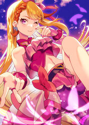  ;) belt black_belt blonde_hair braid bridal_gauntlets crop_top cure_butterfly earrings female floating_hair highres hijiri_ageha hirogaru_sky!_precure jewelry long_hair looking_at_viewer midriff miniskirt multicolored_hair nail_polish navel one_eye_closed orange_hair outdoors pink_nails pink_skirt piyopuni0521 precure purple_sky red_eyes single_leg_pantyhose skirt sky smile solo stomach twitter_username two-tone_hair very_long_hair 