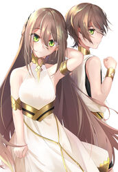  1boy absurdres adele_(fate) arm_behind_head armlet armpits bare_shoulders bracelet breasts brown_hair collar dress fate/grand_order fate_(series) female green_eyes hair_between_eyes highres jewelry long_hair looking_at_viewer makarios_(fate) medium_breasts metal_collar open_mouth oriuo_q robe short_hair simple_background white_background white_dress white_robe 