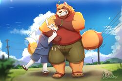  2022 anthro baw0sox blush bottomwear canid canine clothing cloud detailed_background duo exposed_feet feet flip_flops footwear fox hi_res hug jinbei_(clothing) kemono larger_male male mammal mature_male overweight overweight_male pecs raccoon_dog sandals shirt shorts size_difference smaller_male tanuki topwear 