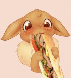  ambiguous_gender blush eevee fangs feral food generation_1_pokemon nintendo oral photoshop pokemon pokemon_(species) rigi sandwich_(food) smile solo teeth third-party_edit 