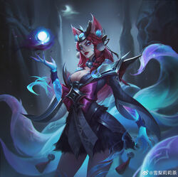  absurdres ahri_(league_of_legends) animal_ears artist_name blue_eyes breasts cleavage closed_mouth cloud cloudy_sky cowboy_shot crescent_moon energy_ball eyeshadow facial_mark female fingernails fox_ears fox_girl fox_tail glowing glowing_eyes glowing_hands hair_ornament highres large_breasts league_of_legends looking_at_viewer makeup moon multiple_tails night night_sky official_alternate_costume official_alternate_hairstyle outdoors parted_bangs red_hair sharp_fingernails sky smile snow_moon_ahri solo statue sydney_lily tail whisker_markings 