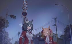  2girls animal_ears black_hair blonde_hair blue_eyes breasts breath brown_hair eishin_flash_(umamusume) highres horse_ears horse_girl horse_tail jacket leaning_forward long_sleeves looking_at_viewer medium_breasts medium_hair multiple_girls night one_eye_closed open_mouth outdoors power_lines red_jacket road_sign short_hair sign smart_falcon_(umamusume) standing sweat tail track_jacket traffic_light tree twintails umamusume upper_body utility_pole yoshida_(ne) 