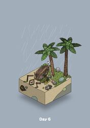  beach bird boat boulder commentary crab diorama food fruit gozz grey_background highres isometric lying on_side original palm_leaf palm_tree shipwreck skull sleeping sos taking_shelter treasure_chest tree watercraft 