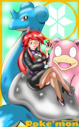  ahoge black_jacket breasts brown_pantyhose business_suit cleavage cleavage_cutout clothing_cutout crossed_legs female formal glasses high_heels highres hirono-hasunuma jacket lapras lorelei_(pokemon) pantyhose pencil_skirt poke_ball pokemon pokemon_(creature) pokemon_lgpe ponytail red_eyes red_hair sidelocks sitting skirt sleeves_past_wrists slowbro suit turtleneck 