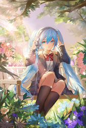  artist_name bench black_socks blazer blue_eyes blue_hair bow bowtie chinese_commentary commentary female flower hair_between_eyes hands_on_headphones hatsune_miku headphones highres jacket kneehighs long_hair mixed-language_commentary outdoors pleated_skirt qie rose sitting skirt socks solo tree twintails very_long_hair vocaloid 