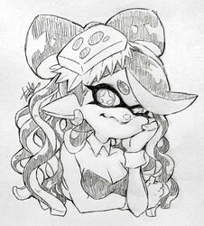  alternate_hairstyle bare_shoulders breasts callie_(splatoon) cleavage closed_mouth cross-shaped_pupils detached_collar earrings female food food_on_head hand_on_own_face hand_up inkling isamu-ki_(yuuki) jewelry long_hair medium_breasts monochrome object_on_head pointy_ears simple_background solo splatoon_(series) symbol-shaped_pupils tentacle_hair traditional_media uneven_eyes upper_body white_background 