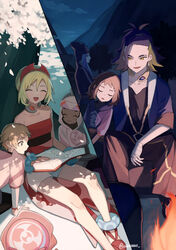  3boys 3girls :d adaman_(pokemon) anklet blonde_hair book bracelet calens_(pokemon) closed_eyes collar collarbone commentary_request diamond_clan_outfit eyebrow_cut eyelashes fire hairband highres holding holding_book irida_(pokemon) jewelry knees lolicon looking_down melli_(pokemon) multicolored_hair multiple_boys multiple_girls open_mouth orange_eyes pankona_(ubsssss) pearl_clan_outfit pokemon pokemon_legends:_arceus ponytail red_footwear red_hairband red_shirt sash shirt shoes short_hair shorts sitting sleeping smile strapless strapless_shirt tongue twitter_username white_shorts 