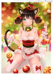  absurdres animal_ear_fluff animal_ears apron ayamy bare_shoulders bell black_hair blue_eyes blurry blurry_background blush bokeh bow breasts cat_ears cat_tail christmas_ornaments cleavage closed_mouth collarbone depth_of_field detached_collar double_bun dress female frills fur_trim hair_bun hair_ornament hands_up hat highres holding holding_own_tail kneeling lips looking_at_viewer medium_breasts mini_hat mini_top_hat miyawaki_sana oerba_yun_fang one_eye_closed original pom_pom_(clothes) red_bow red_dress ribbon_trim santa_dress scan shiny_skin short_dress sidelocks sitting skin_fang smile snowflake_print snowflakes solo star_(symbol) strapless strapless_dress tail thighhighs top_hat waist_apron white_thighhighs wrist_cuffs 