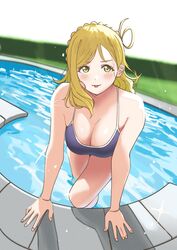  :p arm_support bare_shoulders blonde_hair blue_one-piece_swimsuit blurry blurry_background blush braid breasts cleavage commentary_request competition_school_swimsuit crown_braid day depth_of_field diffraction_spikes dunchy female fisheye grass hair_behind_ear hair_rings hedge highres large_breasts leaning_forward looking_at_viewer love_live! love_live!_sunshine!! medium_hair ohara_mari one-piece_swimsuit outdoors parted_bangs pool poolside school_swimsuit single_hair_ring single_sidelock solo standing swept_bangs swimsuit tongue tongue_out wading water wavy_hair yellow_eyes 