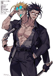  1boy arm_up azaya_(kuroi_azaya) belt black_belt black_hair black_jacket black_pants black_sclera blonde_hair blue-tinted_eyewear blue_tongue collared_shirt colored_sclera colored_tongue dark-skinned_male dark_skin extra_arms eyewear_on_head fangs glasses green-tinted_eyewear green_eyes green_tongue grey_shirt gun hand_in_pocket hand_up holding holding_gun holding_sword holding_weapon jacket jewelry long_sleeves looking_at_viewer male_focus monster_boy multiple_heads necklace open_clothes open_mouth original pants red_eyes round_eyewear scar scar_on_chest semi-rimless_eyewear shirt short_hair simple_background solo sunglasses sword tinted_eyewear translation_request untucked_shirt upper_body very_short_hair watch weapon white_background 