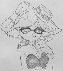  bare_arms bare_shoulders bow-shaped_hair breasts cleavage cross-shaped_pupils detached_collar earrings female flipped_hair food food_on_head gloves half_updo hand_up hoop_earrings inkling isamu-ki_(yuuki) jewelry marie_(splatoon) medium_breasts mole mole_under_eye monochrome object_on_head pointy_ears short_hair solo splatoon_(series) splatoon_1 strapless suction_cups swept_bangs symbol-shaped_pupils tentacle_hair traditional_media upper_body 