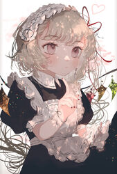  alternate_costume apron arm_up black_shirt black_skirt blonde_hair blurry blurry_background border cherry_blossoms commentary_request cowboy_shot cross cross_earrings dappled_sunlight diffraction_spikes drop_earrings earrings enmaided expressionless female fingernails flandre_scarlet grey_border hairband heart highres index_finger_raised jewelry lolita_hairband long_hair looking_to_the_side maid maid_apron majamari nail_polish one_side_up puffy_short_sleeves puffy_sleeves red_eyes red_nails shirt short_sleeves skirt solo standing sunlight touhou very_long_hair white_background wings 