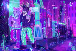  2020 anthro bottomwear building canid canine canis city closed_eyes clothing collaboration deer duo footwear fur hi_res hoodie jacket landscape male mammal marjani neon pants restricted_palette shoes signature skyscraper smile topwear urban walking wolf 