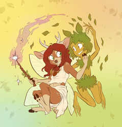  anthro antlers brown_body brown_eyes brown_fur brown_hair calyx_(jonas) clothed clothing conditional_dnp deer dryad duo elemental_creature fairy female flora_fauna fully_clothed fur green_eyes grin hair hi_res horn insect_wings jonas leaf looking_at_another magic_user mammal plant smile tan_body tan_fur wand willow_(jonas) wings 