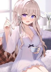  azur_lane blonde_hair blue_eyes breasts collarbone conet510 couch female hair_between_eyes hands_up heterochromia holding holding_spoon indoors large_breasts long_hair looking_at_viewer murmansk_(azur_lane) murmansk_(sceneries_of_pure_snow)_(azur_lane) nightgown official_alternate_costume on_couch purple_eyes purple_nightgown sitting solo spoon window 