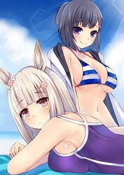  2girls alternate_breast_size animal_ears beach beach_mat bikini bikini_top_only black_hair blunt_bangs blurry blurry_background bob_cut breasts brown_eyes competition_school_swimsuit depth_of_field ear_ornament flower hair_flower hair_ornament hairclip happy_meek_(umamusume) highres horse_ears horse_girl jacket king_kouta kiryuuin_aoi light_brown_hair multiple_girls purple_eyes school_swimsuit short_hair sideboob sunlight swimsuit tracen_swimsuit umamusume 