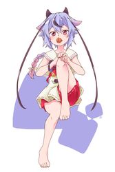  1other bad_id bad_pixiv_id barefoot blue_hair bracelet ekaki-ya_okamoto expressionless food food_in_mouth fruit full_body gradient_hair gynoid_talk hakama hakama_shorts hands_on_own_knee highres horns japanese_clothes jewelry knee_up looking_at_viewer meika_mikoto mouth_hold multicolored_hair open_mouth other_focus own_hands_together pink_eyes red_shorts sailor_collar shirt short_eyebrows short_hair short_shorts shorts sitting sleeveless sleeveless_shirt solo thick_eyebrows umeboshi vocaloid white_background white_sailor_collar white_shirt 