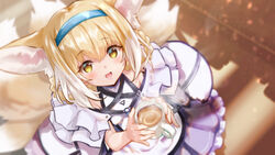  animal_ears arknights blonde_hair blue_dress blue_hairband cup dress female fox_ears fox_tail from_above hair_rings hairband hellnyaa highres holding holding_cup hot_chocolate looking_at_viewer looking_up material_growth mug multiple_tails open_mouth oripathy_lesion_(arknights) smile solo suzuran_(arknights) tail yellow_eyes 