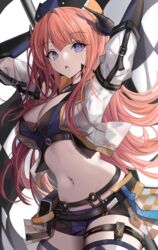  :o absurdres arknights arms_up bagpipe_(arknights) bagpipe_(queen_no._1)_(arknights) blue_shorts breasts cleavage commentary_request cowboy_shot crop_top female hat highres horns large_breasts long_hair looking_at_viewer midriff navel official_alternate_costume open_mouth orange_hair pouch purple_eyes short_shorts shorts solo standing stomach stratoz thigh_strap thighs very_long_hair 