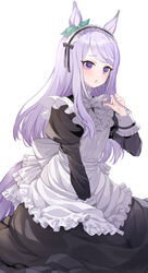  :o alternate_costume animal_ears apron between_legs black_dress bow bowtie dress enmaided female frilled_hairband frills hairband hand_between_legs hand_up high_collar highres horse_ears horse_girl horse_tail juliet_sleeves long_hair long_sleeves maid maid_apron mejiro_mcqueen_(umamusume) open_mouth puffy_sleeves purple_eyes purple_hair simple_background sitting solo tail umamusume white_background white_bow white_bowtie yoshida_(ne) 