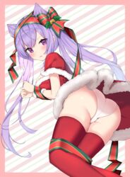  absurdres ass bad_id bad_pixiv_id bent_over bow breasts christmas cone_hair_bun dress female genshin_impact hair_bun highres keqing_(genshin_impact) large_breasts md5_mismatch panties purple_eyes purple_hair red_dress red_thighhighs rui_p santa_dress solo thighhighs thighs twintails underwear upskirt white_panties 