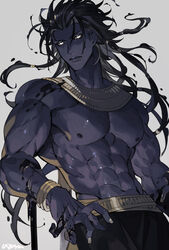  1boy abs artist_name azaya_(kuroi_azaya) bangle bara black_hair black_skin bracelet brown_nails brown_sclera closed_mouth colored_sclera colored_skin egyptian egyptian_clothes glowing glowing_eyes grey_background jewelry long_hair looking_at_viewer male_focus muscular muscular_male original simple_background solo topless_male upper_body usekh_collar white_eyes 