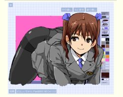  ass bent_over black_pantyhose blue_necktie breasts brown_eyes brown_hair closed_mouth commentary_request female grey_jacket grey_skirt gun gun_girl_(kamisimo_90) gusset hair_ribbon jacket kamisimo_90 leaning_forward long_hair looking_at_viewer medium_breasts microsoft_paint_(software) necktie oekaki original paint panties panties_under_pantyhose pantyhose pleated_skirt ribbon school_uniform shirt short_hair short_twintails skirt smile solo twintails underwear weapon white_shirt 