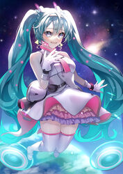  :d absurdres aryuma772 blue_eyes blue_hair blush braid commentary earth_(planet) female floating_hair full_body galaxy_live_(vocaloid) gloves hair_between_eyes hatsune_miku highres jacket layered_skirt long_hair miniskirt multicolored_clothes multicolored_skirt open_mouth pink_skirt planet purple_skirt shiny_clothes shiny_legwear skirt sleeveless sleeveless_jacket smile solo space thighhighs twintails very_long_hair vocaloid white_gloves white_jacket white_skirt white_thighhighs yellow_skirt 