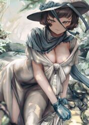  absurdres black_hair blue_gloves blush bob_cut breasts covered_navel dress female gloves grey_eyes hat highres large_breasts looking_at_viewer mole mole_on_breast original outdoors short_hair smile soleil_(soleilmtfbwy03) solo sun_hat white_dress 