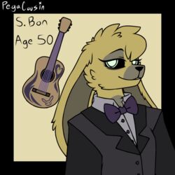  1:1 2022 anthro black_clothing black_suit clothing digital_media_(artwork) female five_nights_at_freddy&#039;s floppy_ears fur guitar guitarist lagomorph leporid looking_at_viewer mammal model_sheet musical_instrument necktie pale_eyes pegacousin plucked_string_instrument purple_necktie rabbit scottgames solo spring_bonnie_(fnaf) string_instrument suit watermark yellow_body yellow_fur 