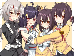  4girls abukuma_(azur_lane) ahoge azur_lane bare_shoulders bell belt black_hair black_jacket blush bow bowtie breasts brown_eyes brown_shorts cardigan choker closed_mouth collared_shirt commentary_request cowboy_shot detached_sleeves facial_mark gloves grey_hair hair_between_eyes hair_ornament hair_ribbon hairbow hairclip hand_up hands_on_another&#039;s_shoulders highres horns hug isuzu_(azur_lane) jacket jingle_bell kinu_(azur_lane) large_breasts long_hair long_sleeves looking_at_viewer low_ponytail medium_breasts medium_hair military military_uniform multiple_girls nagara_(azur_lane) oerba_yun_fang off_shoulder oni_horns open_mouth oversized_clothes parted_lips pink_bow pink_bowtie pink_ribbon pleated_skirt pointy_ears red_eyes ribbon sayashi_(type5_labyrith) shirt short_hair shorts side_ponytail sidelocks skin_fang skirt sleeveless sleeveless_shirt sleeves_past_wrists smile standing twintails underbust uniform white_background white_belt white_choker white_gloves white_shirt white_sleeves yellow_background yellow_bow yellow_cardigan yellow_eyes 