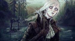  ascot azure_meraki bloodborne blue_eyes boots female gem gloves hat hat_feather highres holding lady_maria_of_the_astral_clocktower long_hair looking_at_viewer ponytail solo tricorne water white_hair 