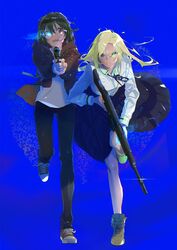  2girls absurdres black_hair blonde_hair blue_background blue_eyes boots brown_eyes commentary_request finger_on_trigger gun handgun heterochromia highres holding holding_gun holding_weapon jacket kamikoshi_sorawo makarov_pm multiple_girls nishina_toriko oerba_yun_fang pants rifle shoes skirt sneakers stag_(snobby_snob) sweatdrop transparent_hand urasekai_picnic weapon 