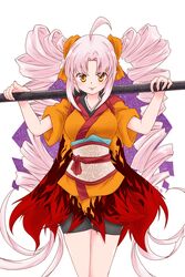  :p ahoge bad_id bad_pixiv_id bike_shorts cowboy_shot ekaki-ya_okamoto female flame_print hair_ribbon hands_up highres holding holding_staff japanese_clothes kimono looking_at_viewer obi onikko_hunter_tsuina-chan orange_eyes orange_kimono pink_hair ribbon sash solo staff standing tongue tongue_out tsuina-chan voiceroid white_background 